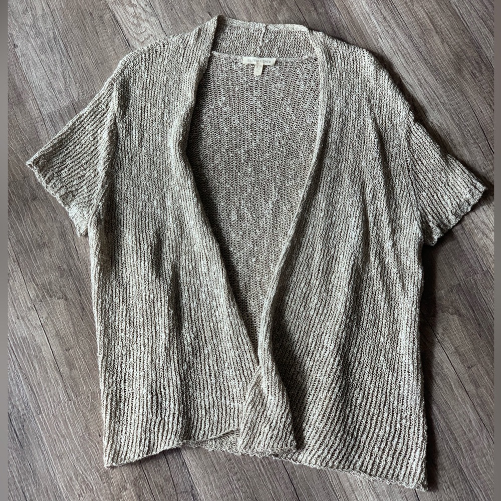 Eileen Fisher Linen blend open front cardigan sweater Pointelle knit size XL